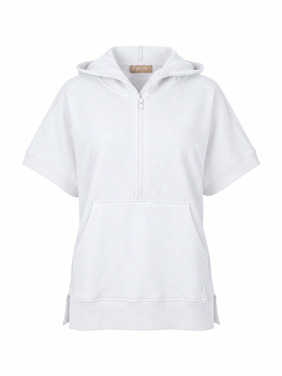 Front view of Be Fit women's Malibu Summit Short Sleeve Half-Zip Hoodie in White.