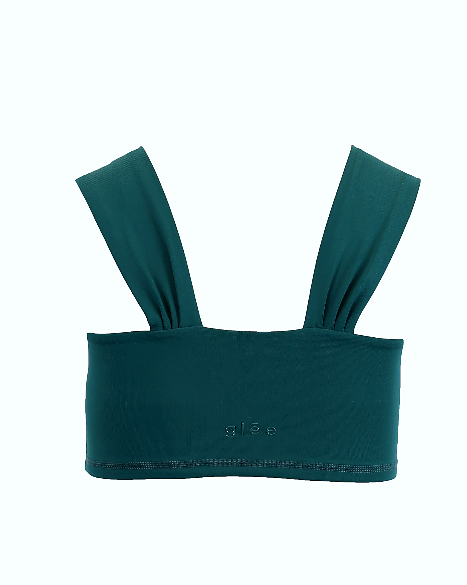 Back view of Glee x Be Fit Marine Jade Bra Top on a white background.