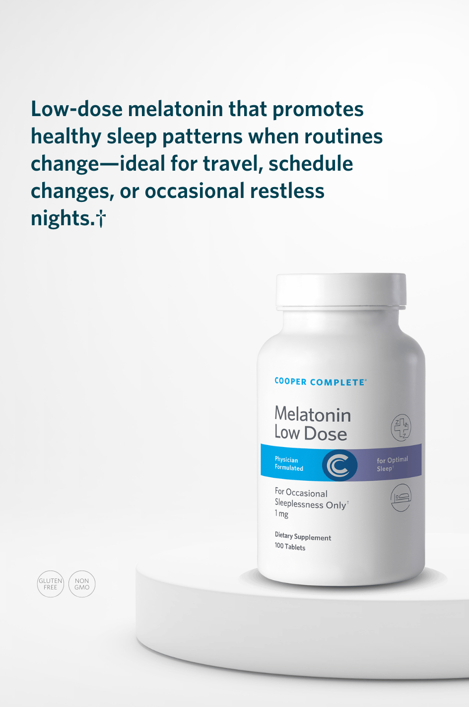 Cooper Complete Low Dose Melatonin supplement bottle on a white background with text about promoting healthy sleep patterns.