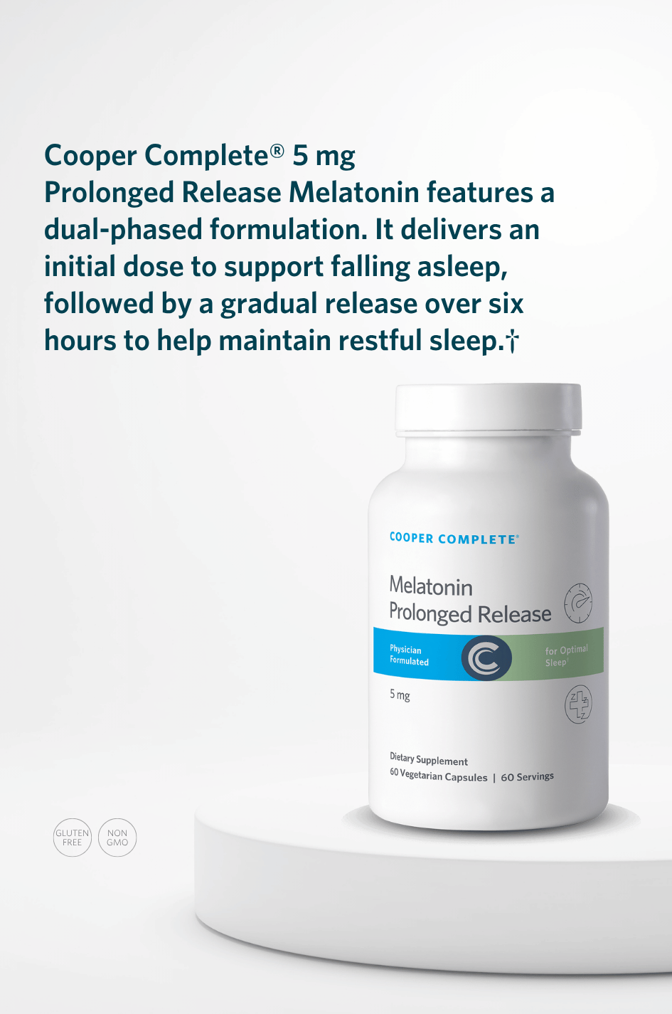 Cooper Complete Prolonged Release Melatonin 5 mg supplement bottle with key product benefits.