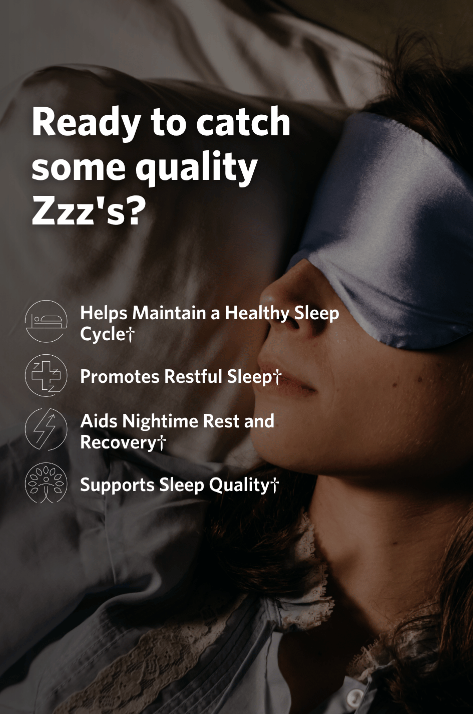 Person wearing a sleep mask with text about Cooper Complete Quick Release sleep benefits on a dark background