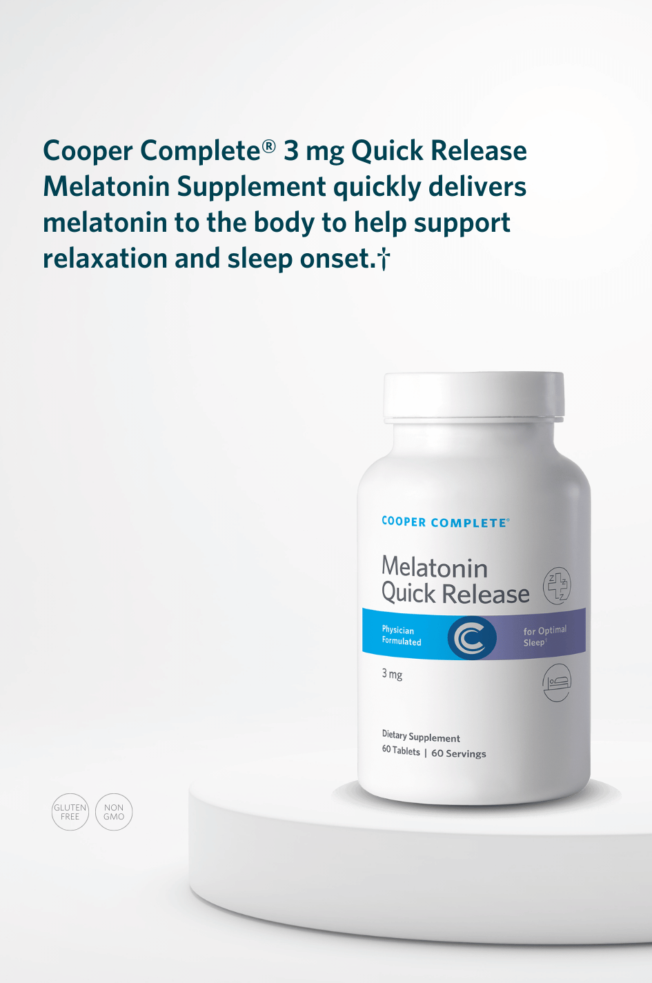Cooper Complete Quick Release Melatonin 3mg supplement bottle with key product benefits.