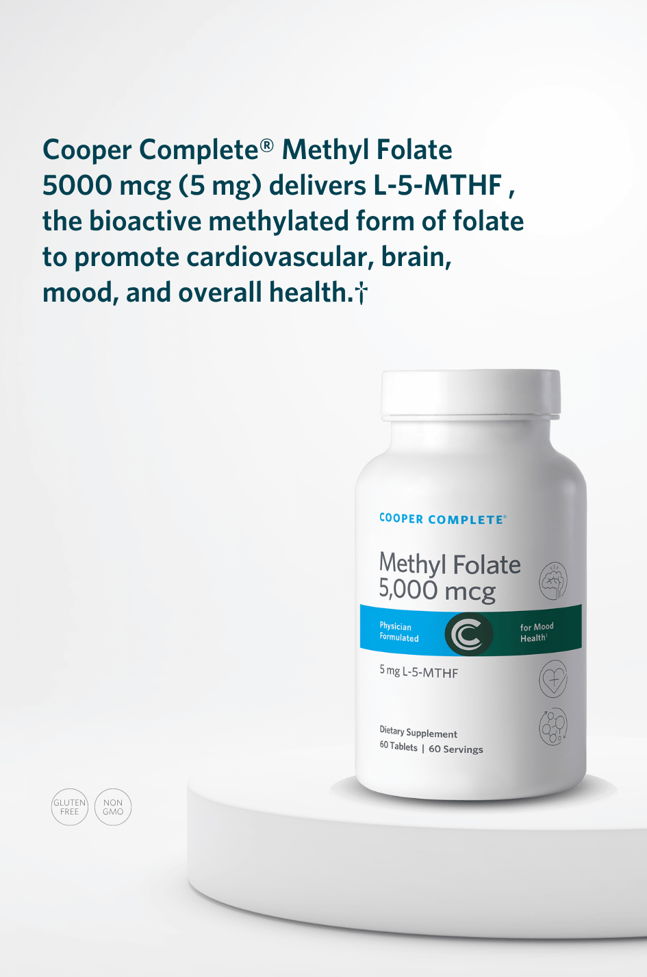 Cooper Complete Methyl Folate 5000 mcg (5 mg) supplement bottle with key product benefits.