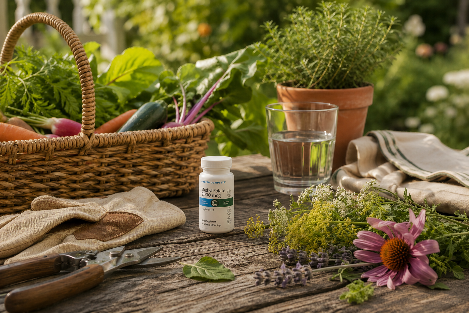 A white supplement bottle of Cooper Complete Methyl Folate 5000 mcg (5 mg) sits on a rustic wooden table surrounded by gardening props, including a wicker basket of fresh vegetables, gardening gloves, pruning shears, a glass of water, and potted herbs, in an outdoor garden setting.
