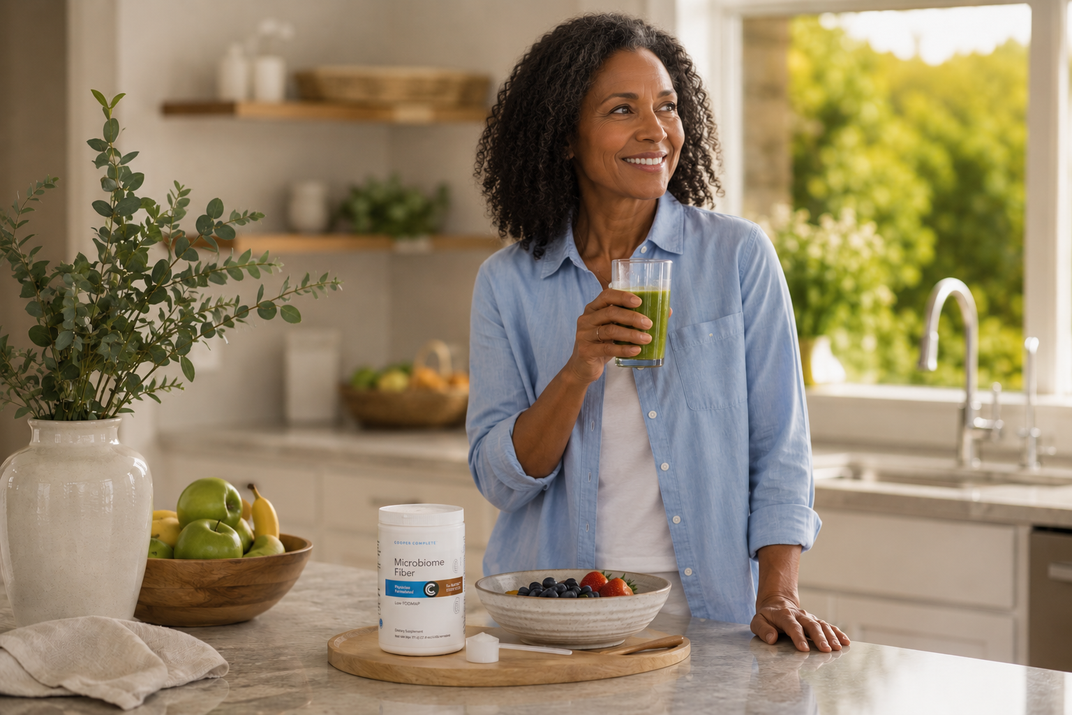 A smiling woman stands in a bright kitchen holding a glass of green juice, with a white supplement canister of Cooper Complete Microbiome Fiber and a bowl of fruit on the counter in front of her.