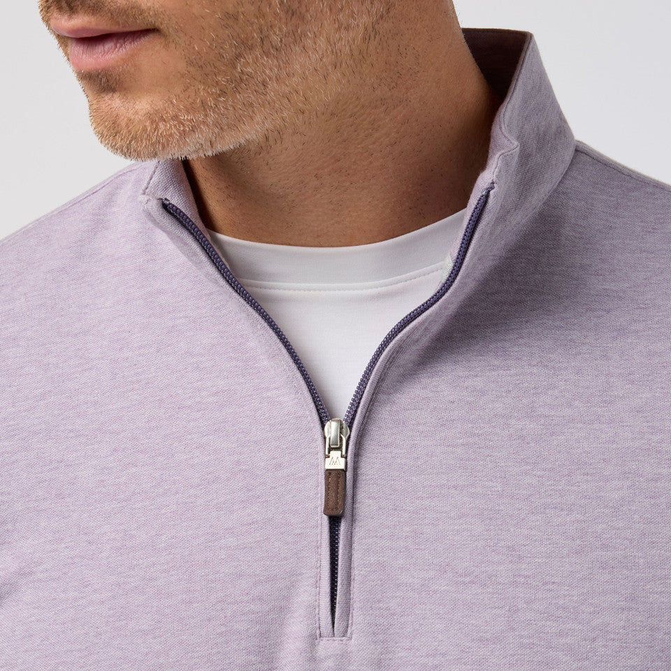 Close-up of the quarter-zip collar and neckline on the Mizzen+Main KPI Quarter Zip in Purple Dusk Heather (lilac).
