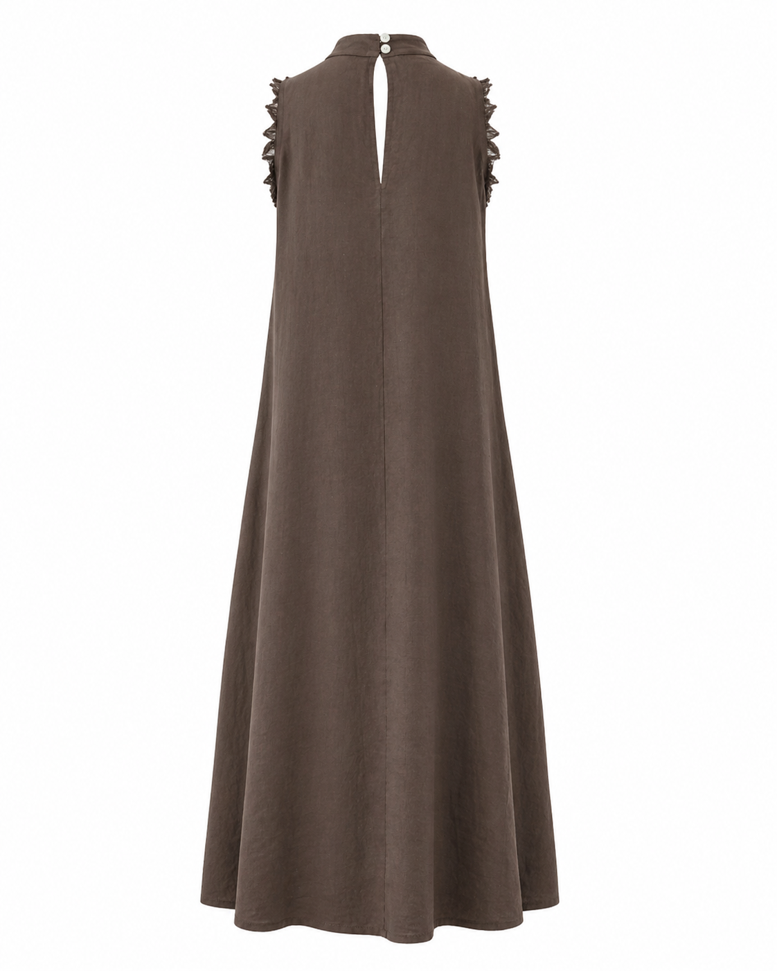 Back view of the Be Fit chocolate brown linen maxi dress with a keyhole opening, double-button closure and frayed armhole trim.