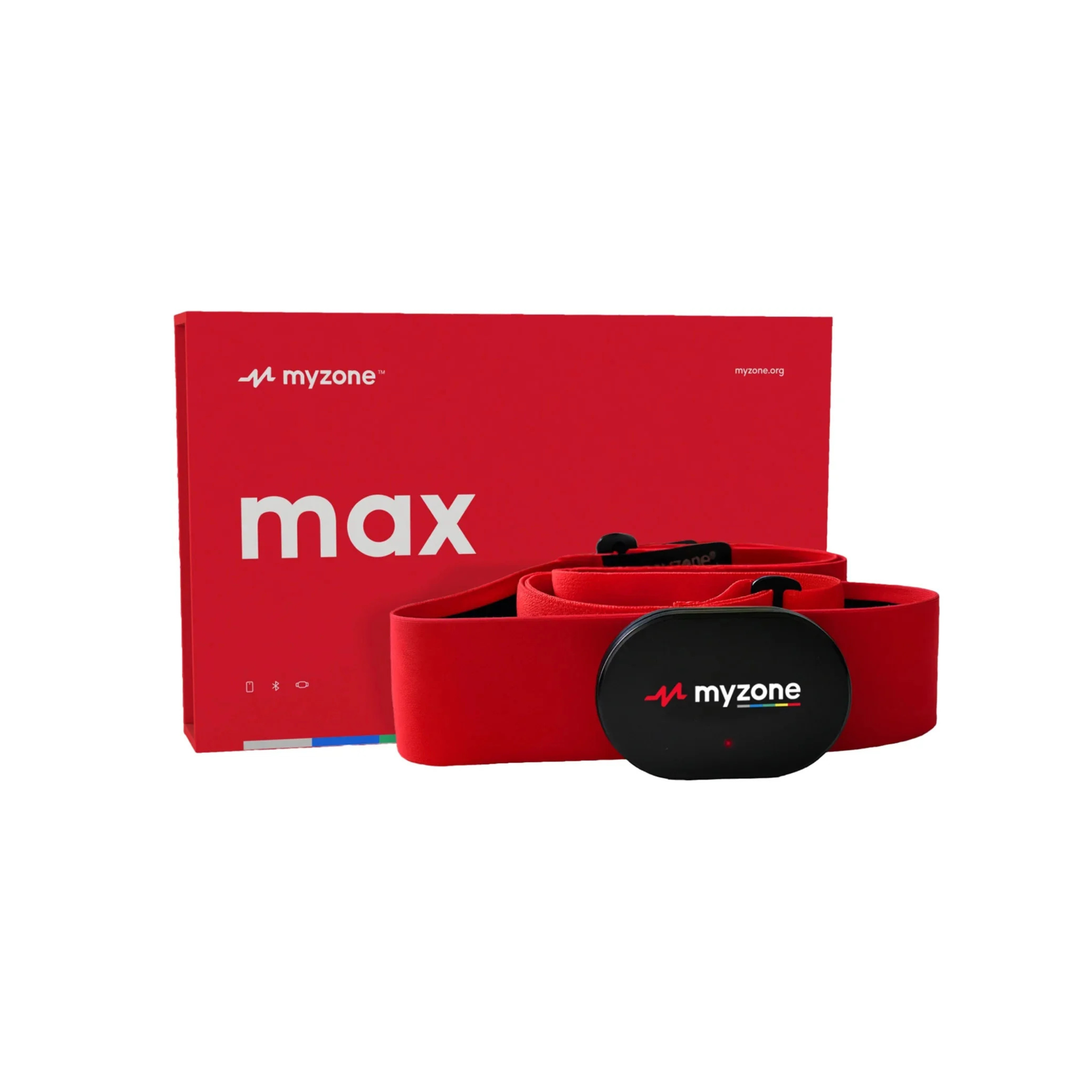 MYZONE Max heart rate monitor with adjustable chest strap and retail packaging.