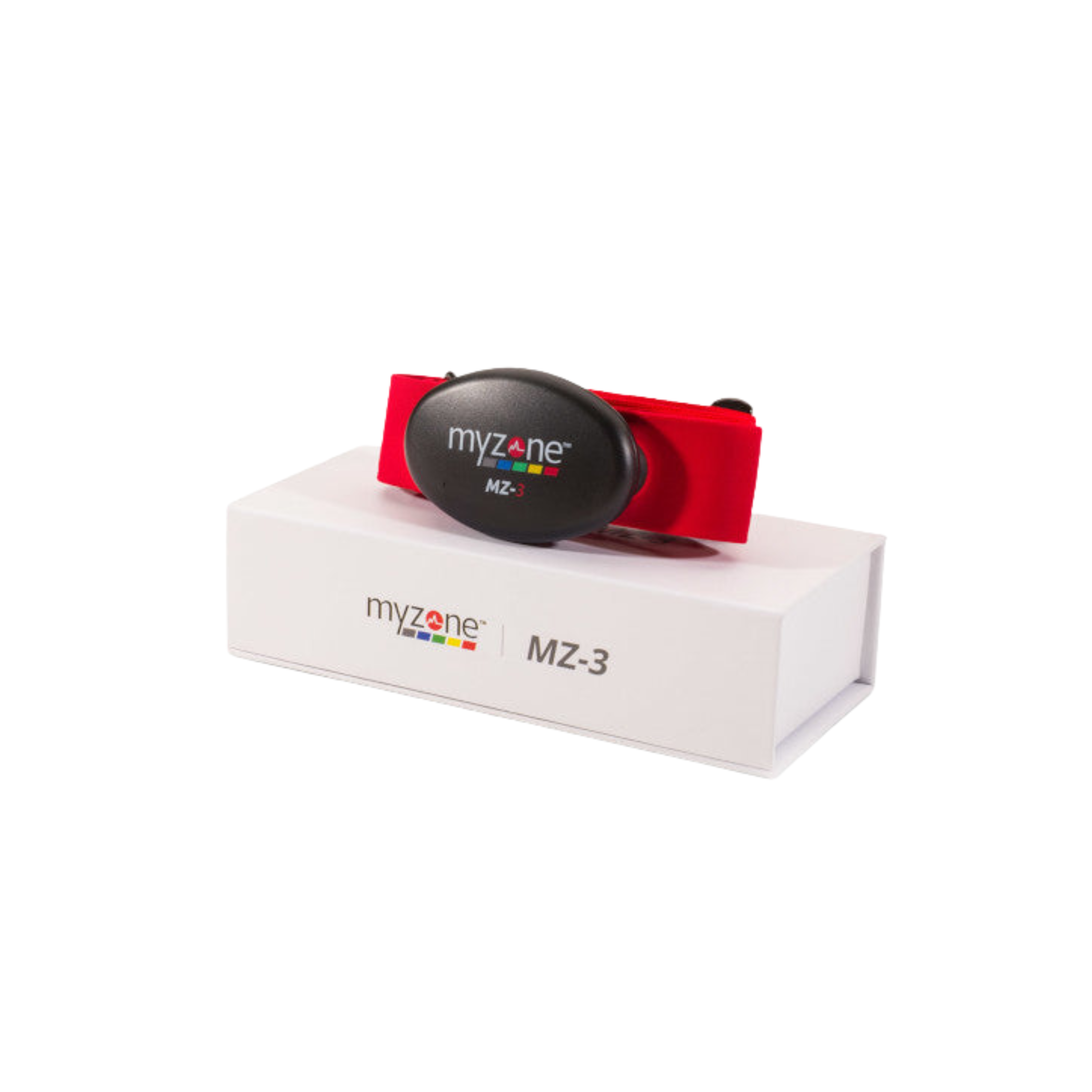 MYZONE MZ-3 heart rate monitor with an adjustable red chest strap and removable sensor module, with packaging.