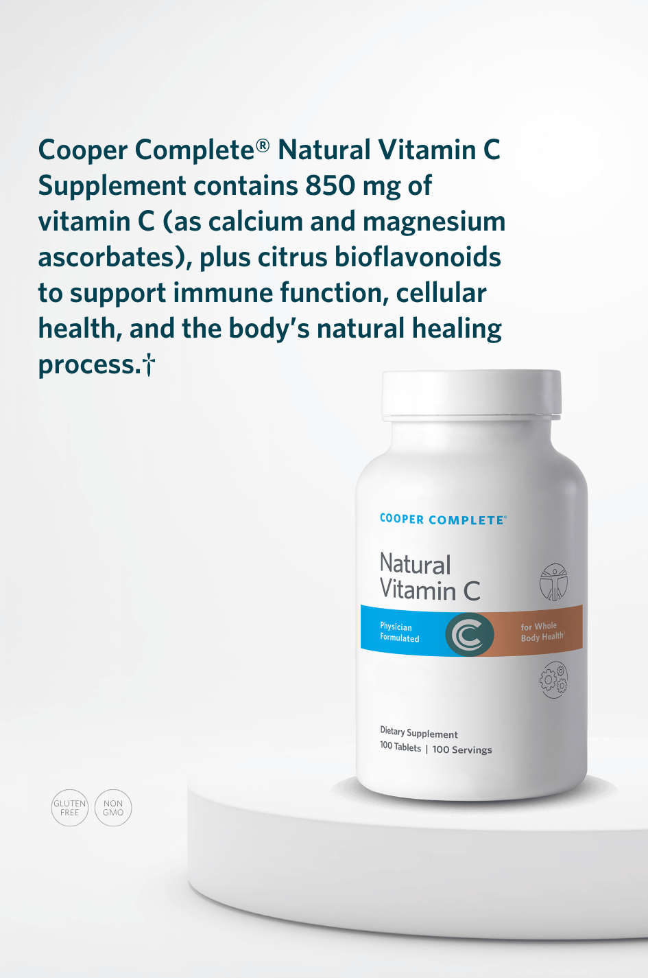 Cooper Complete Natural Vitamin C supplement bottle with key product benefits.