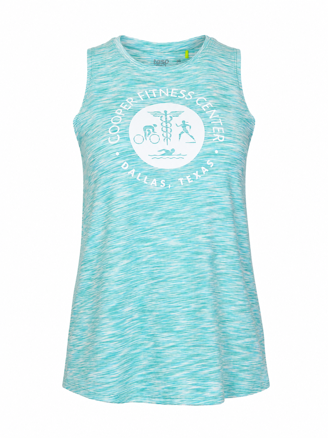 Front view of Tasc Women's Cooper Fitness Center Logo Nola Tank 2.0 in Sea Green Space Dye. 