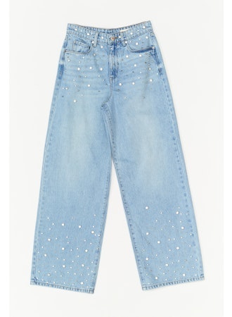 BLANKNYC Diamonds in the Sky Jean in Light Indigo with rhinestone embellishments on a white background.