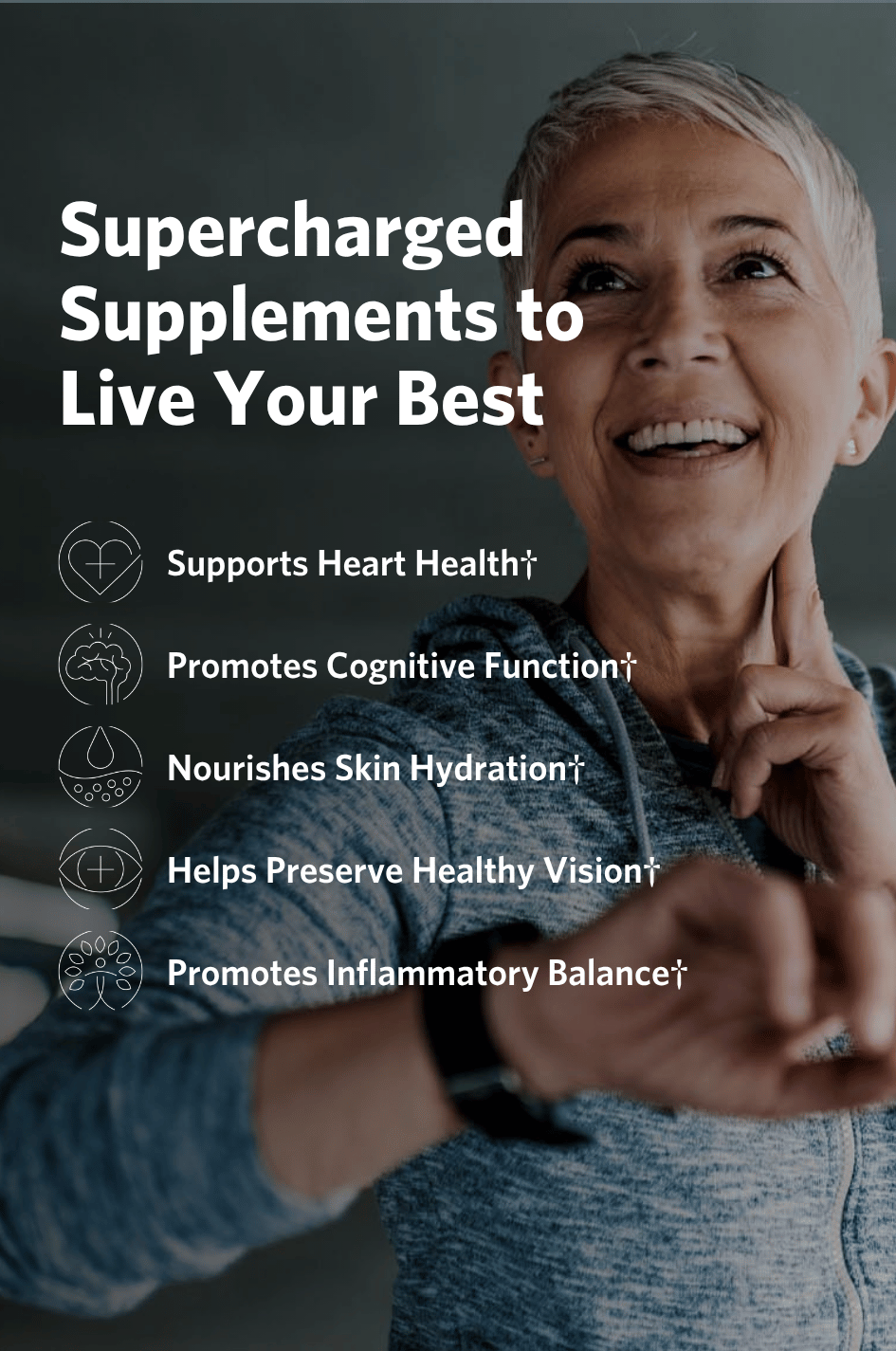Woman checking her heart rate with the health benefits of the Cooper Complete Advanced Omega-3 Liquid supplement overlaid.