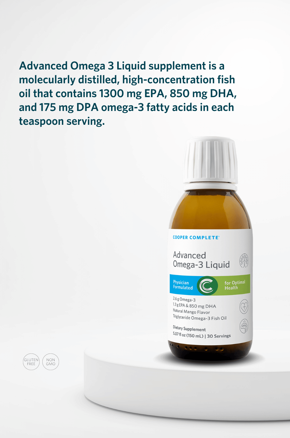 Cooper Complete mango flavored Advanced Omega-3 supplement bottle with key product benefits.