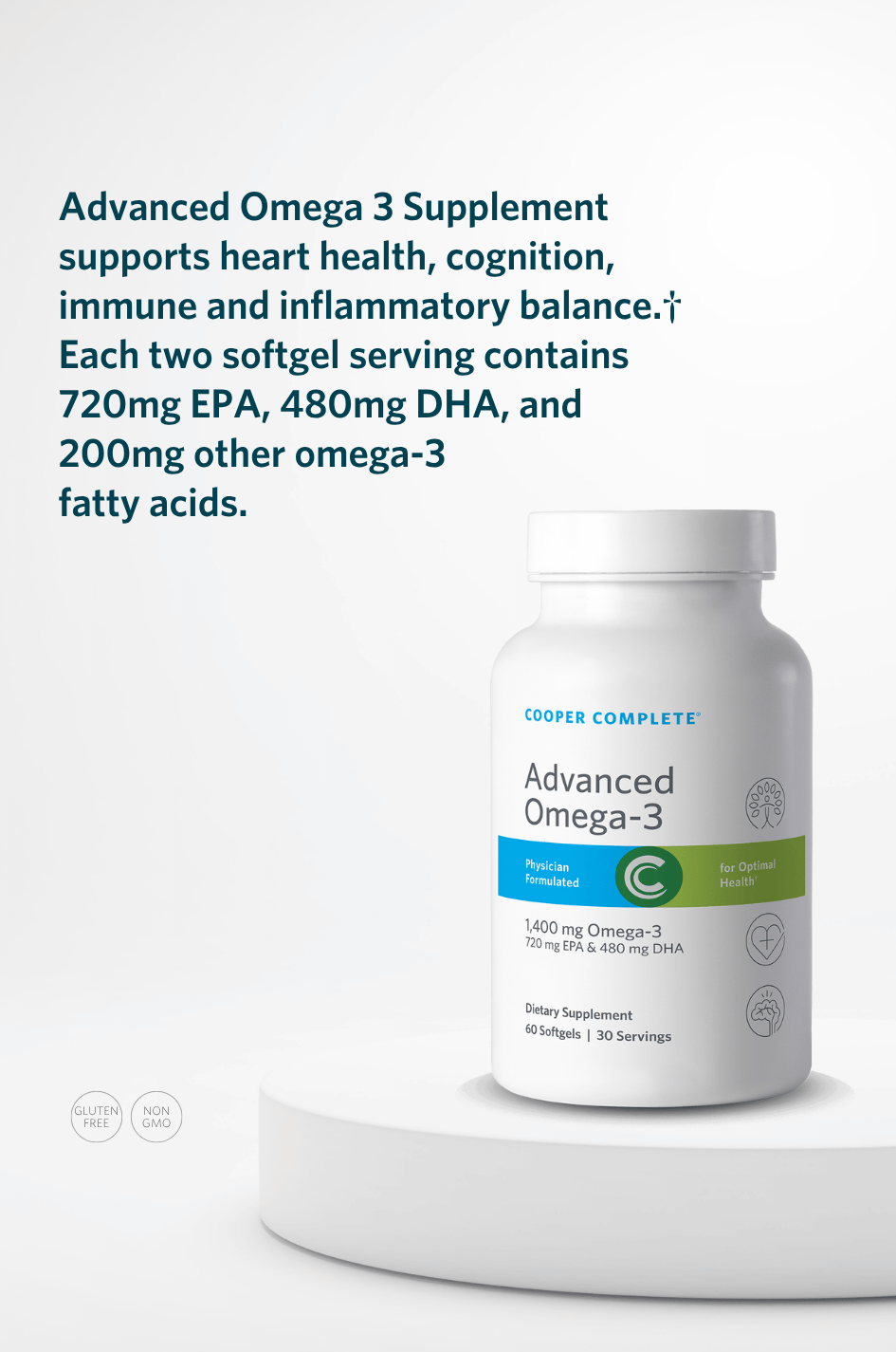 Cooper Complete Advanced Omega-3 supplement bottle with key product benefits.