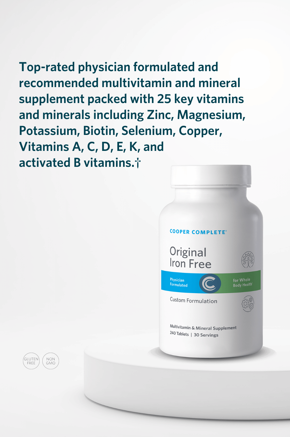 Cooper Complete Original Comprehensive Multivitamin Iron Free bottle with key product benefits.