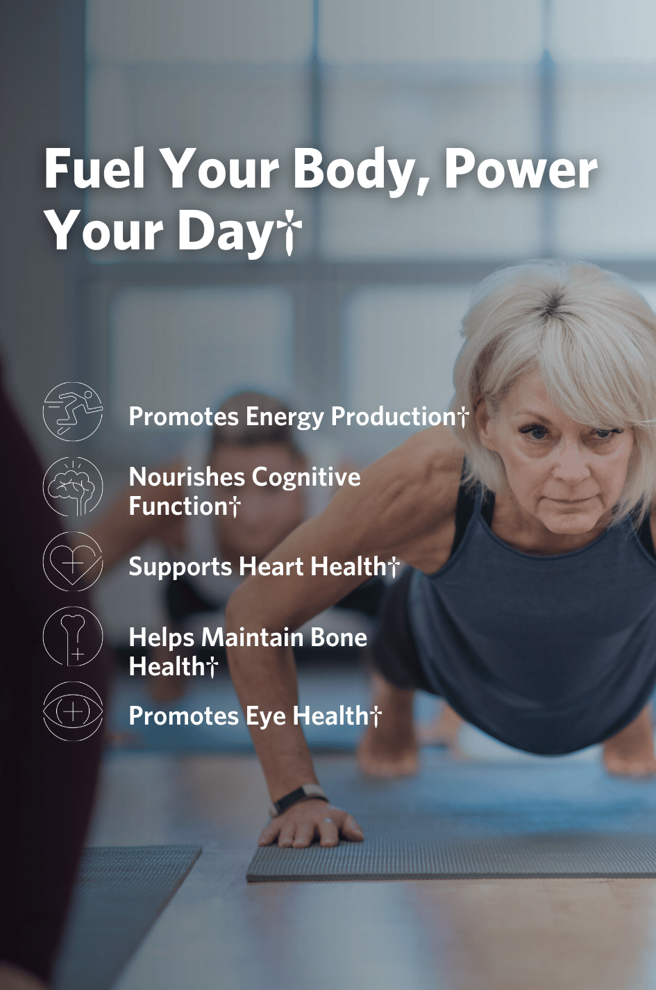 Woman in a plank position on a mat with promotional text about the health benefits of Cooper Complete Original Comprehensive Multivitamin With Iron.