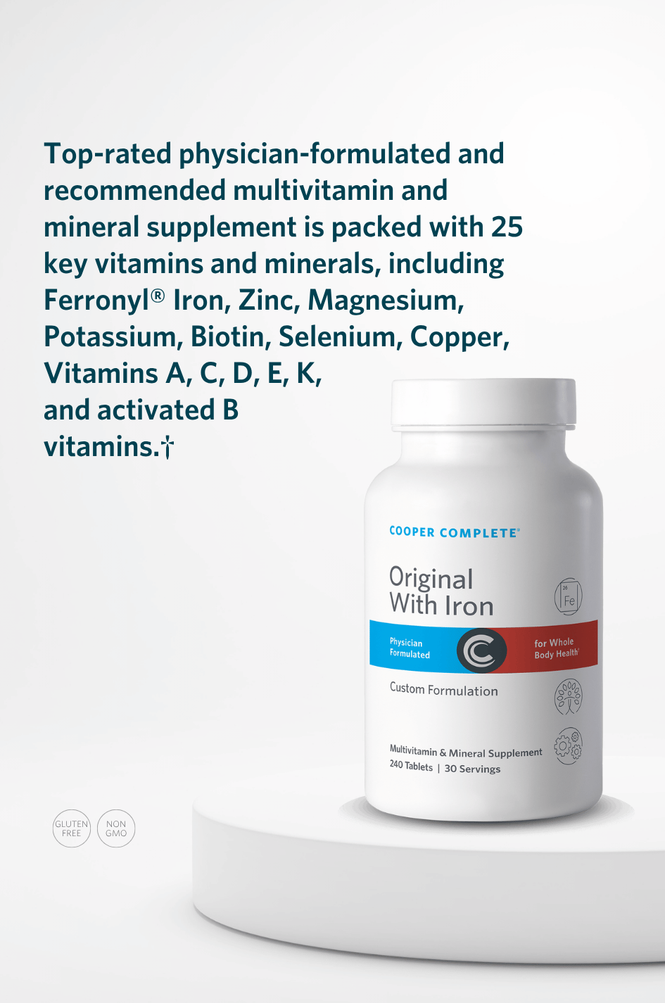 Cooper Complete Original Comprehensive Multivitamin Iron Free bottle with key product benefits.