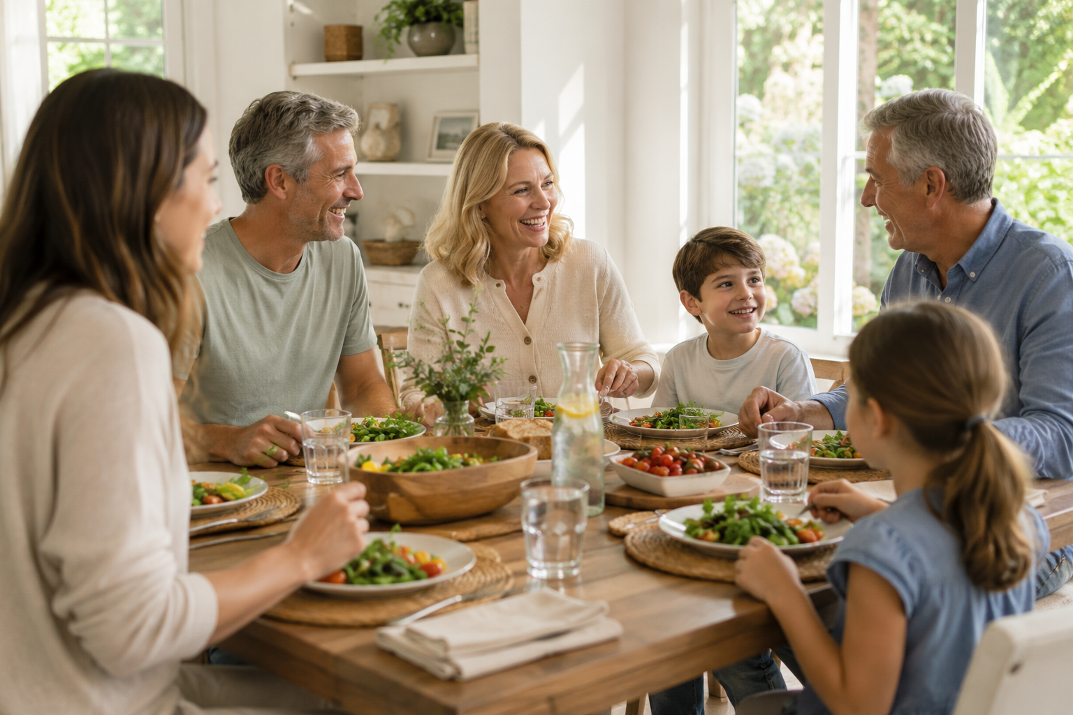 Four adults and two kids gathered around a wooden dining table, sharing a meal with plates of salad and tomatoes in a bright, sunlit kitchen.