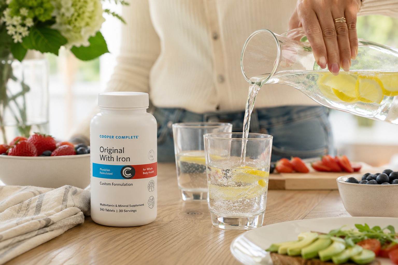 A bottle of Cooper Complete Original Comprehensive Multivitamin With Iron on a kitchen counter as lemon water is poured beside fresh breakfast ingredients. 