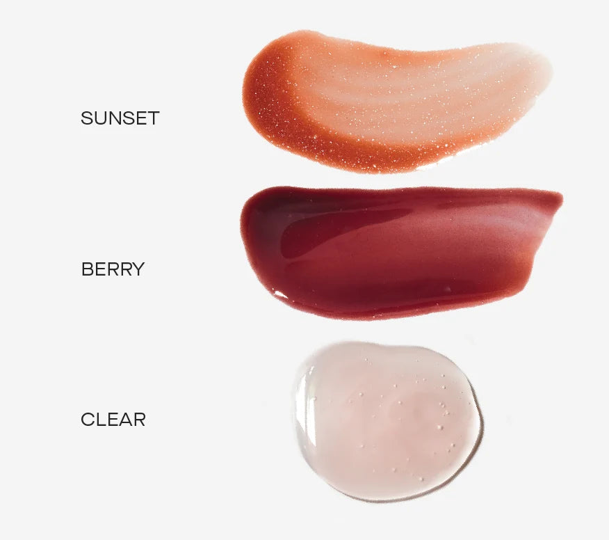Ourself Lip Conditioner Trio swatches in Sunset, Berry, and Clear. 