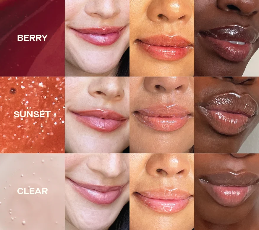 Sample grid of Ourself Lip Conditioner Trio in shades Berry, Sunset, and Clear on various skin tones. 