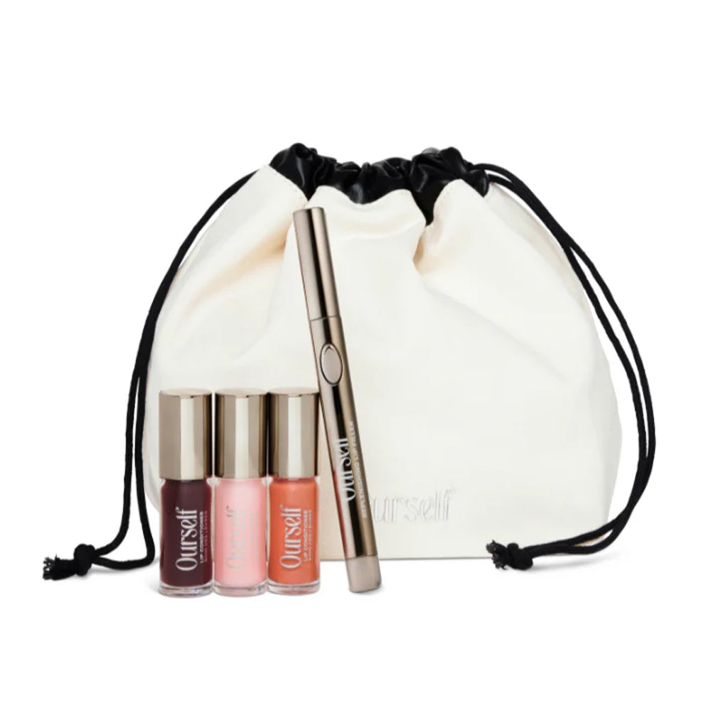 Ourself Your Best Lips Gift Set with Replenishing Lip Filler, Mini Lip Conditioner Trio, and drawstring pouch.