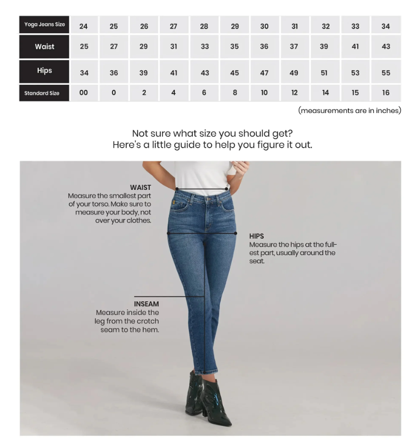 Yoga Jeans size chart in inches. Jeans size 24: waist 25, hips 34, standard 00; 25: 27, 36, 0; 26: 29, 39, 2; 27: 31, 41, 4; 28: 33, 43, 6; 29: 35, 45, 8; 30: 36, 47, 10; 31: 37, 49, 12; 32: 39, 51, 14; 33: 41, 53, 15; 34: 43, 55, 16. Measure the narrowest part of the waist, fullest part of the hips and inseam from crotch seam to hem.