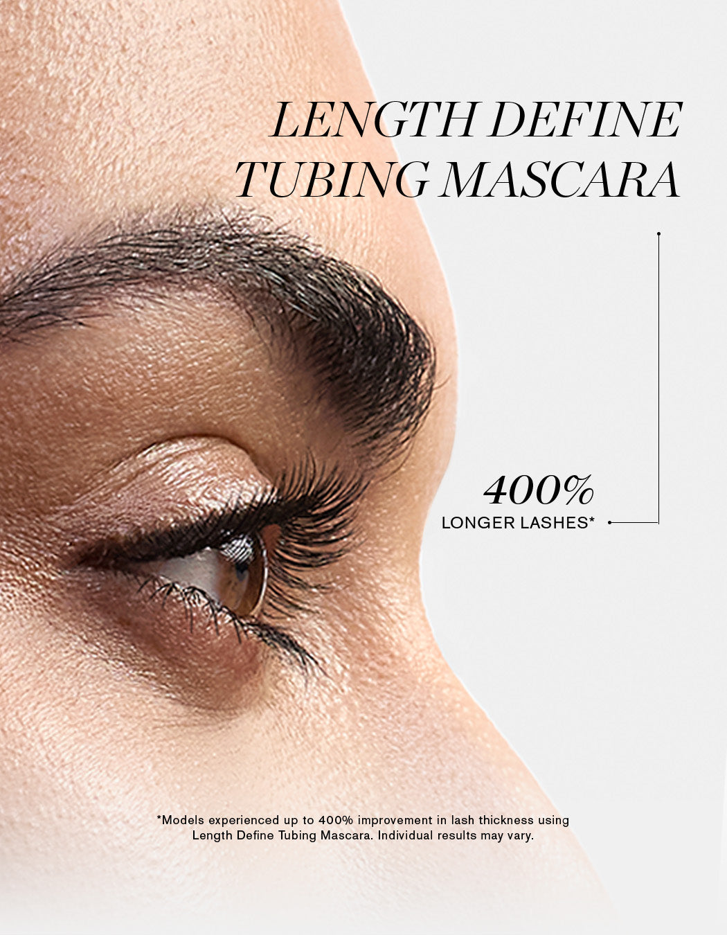 Close up of model's eyes wearing RevitaLash Length Define Tubing Mascara for 400% longer lashes.