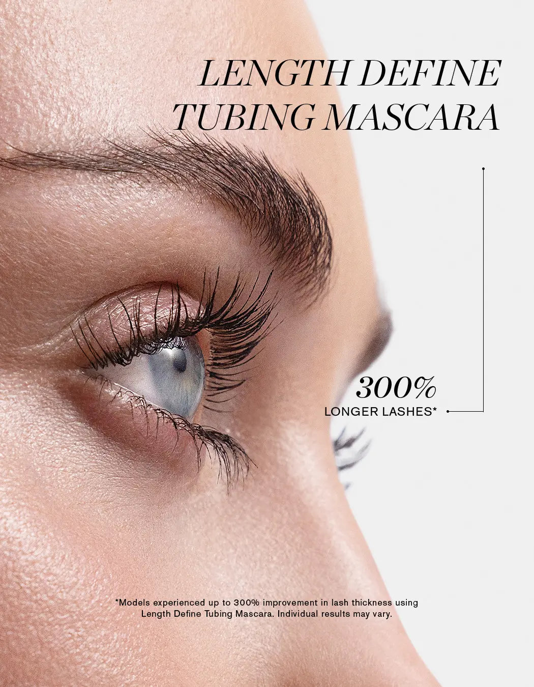 Close up of model's eyes wearing RevitaLash Length Define Tubing Mascara for 300% longer lashes.