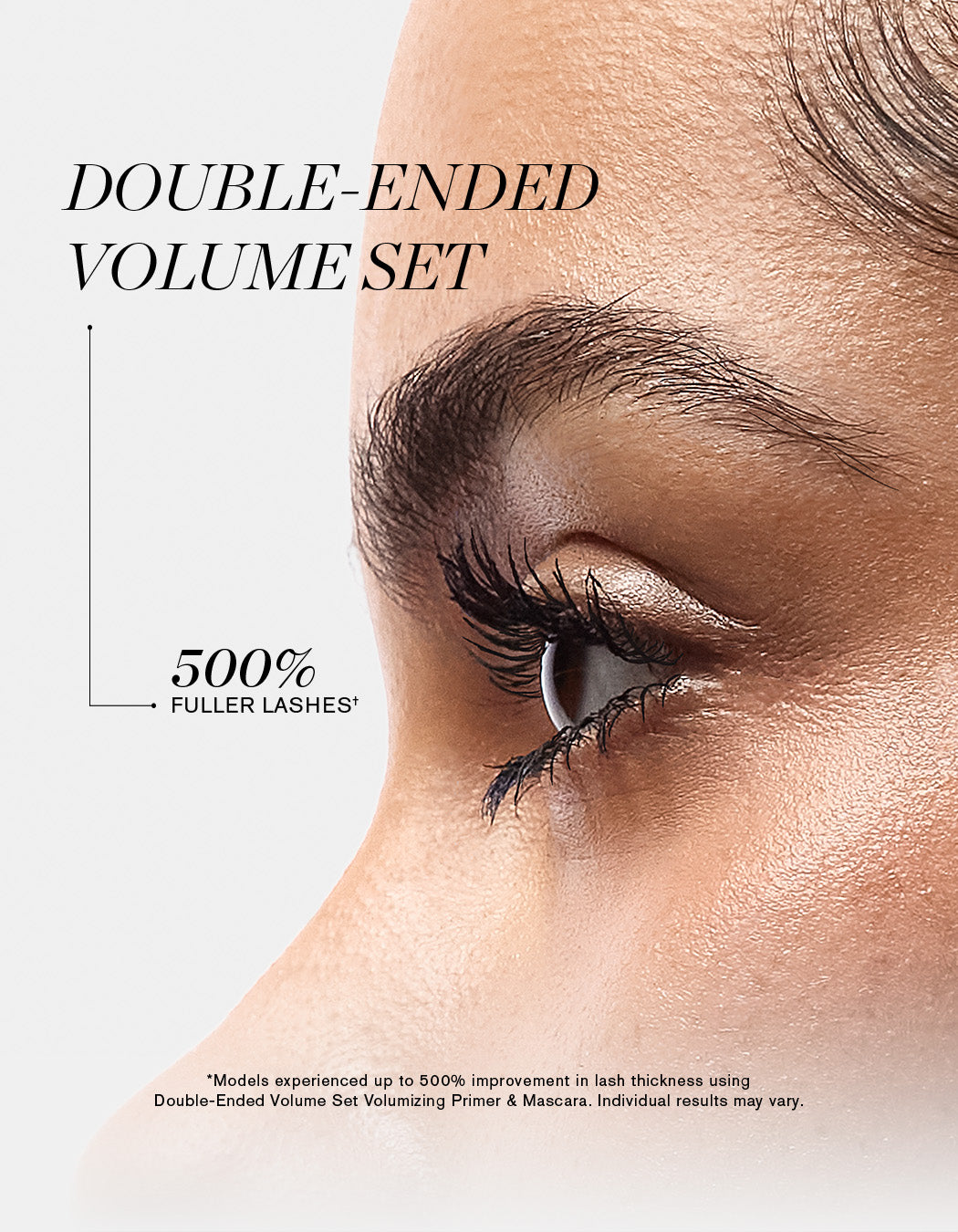 Close up of model wearing RevitaLash Double-Ended Volume primer and mascara set for 500% fuller lashes.