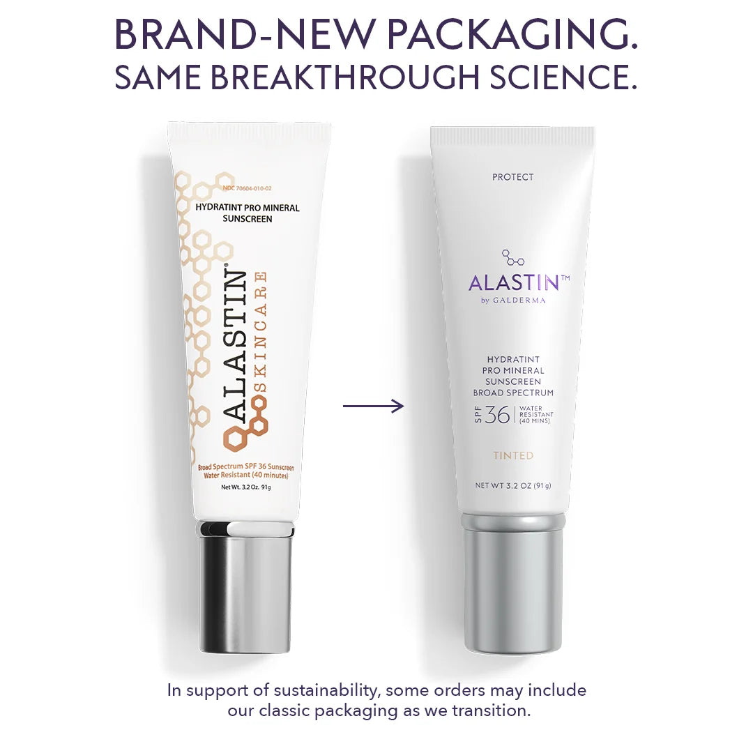 Old and new bottles of Alastin HydraTint Pro Mineral SPF 36 with same breakthrough science. 