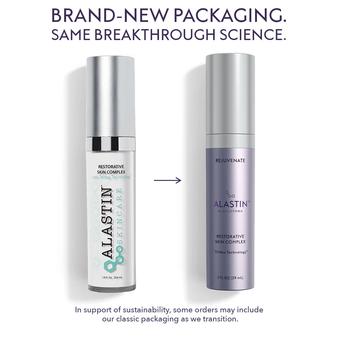 Old and new bottles of Alastin Restorative Skin Complex with the same breakthrough science. 