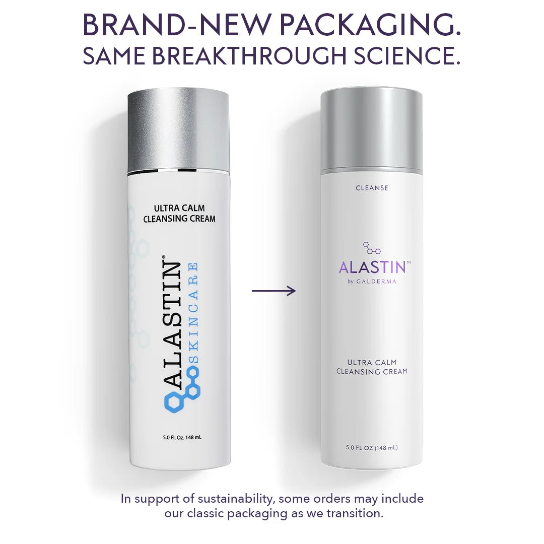 Old and new bottles of Alastin Ultra Calm Cleansing Cream with same breakthrough science.