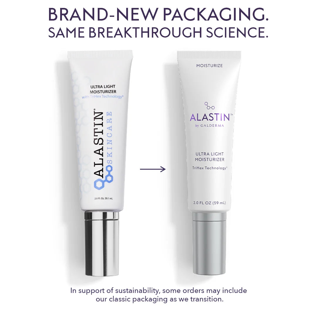 Old and new bottles of Alastin Ultra Light Moisturizer with the same breakthrough science. 
