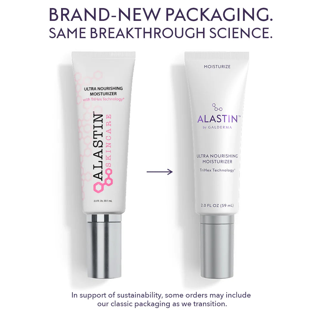 Old and new bottles of Alastin Ultra Nourishing Moisturizer with same breakthrough science. 