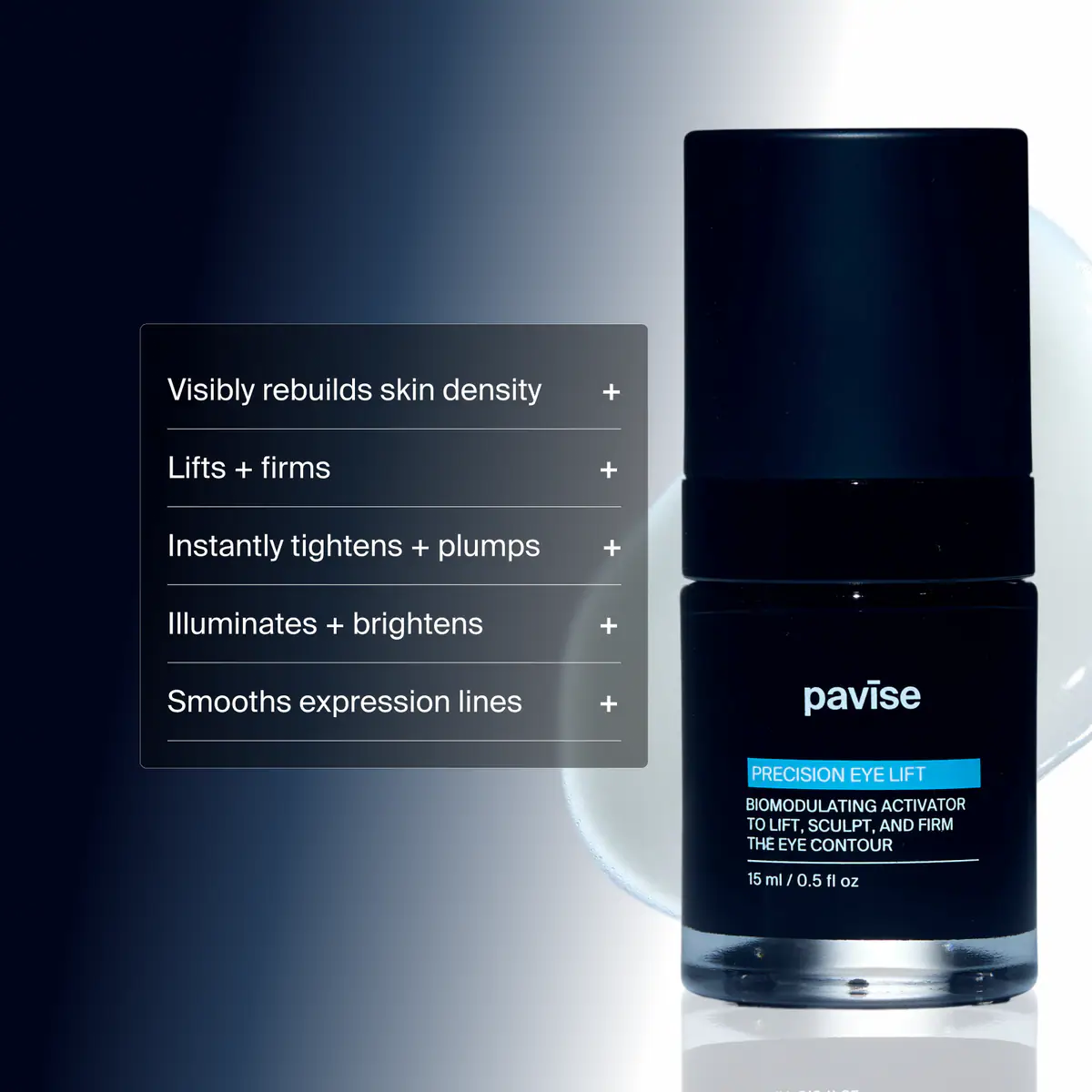 Bottle of Pavise Precision Eye Lift to rebuild skin density, lift and firm, tighten and plump, illuminate and brighten, and smooth expression lines. 