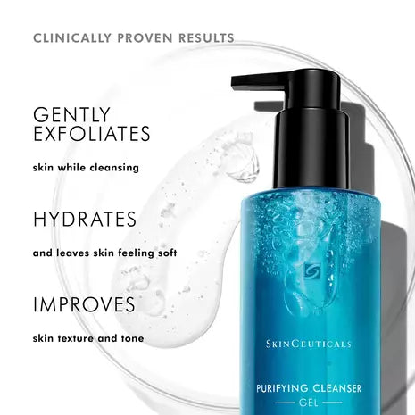 Bottle of SkinCeuticals Purifying Cleanser against a white background to gently exfoliate, hydrate, and improve skin texture and tone. 