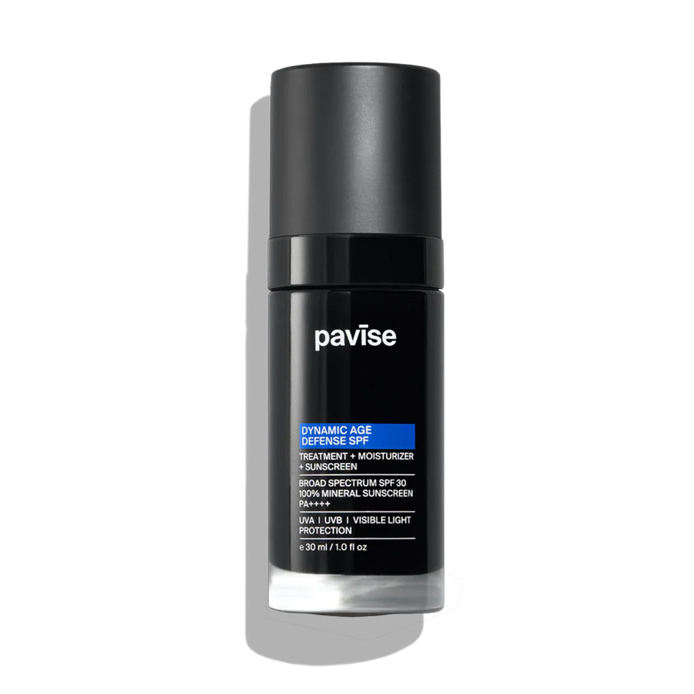 A black bottle of Pavise Dynamic Age Defense SPF treatment moisturizer with broad spectrum SPF 30 100% mineral sunscreen, 1 fl oz.