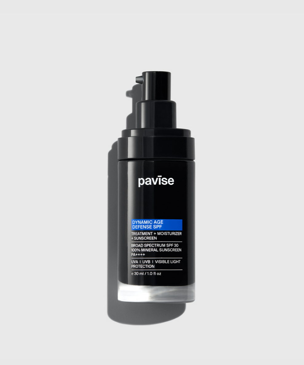 Pavise Dynamic Age Defense SPF 30 mineral sunscreen in a black 30 mL pump bottle. 