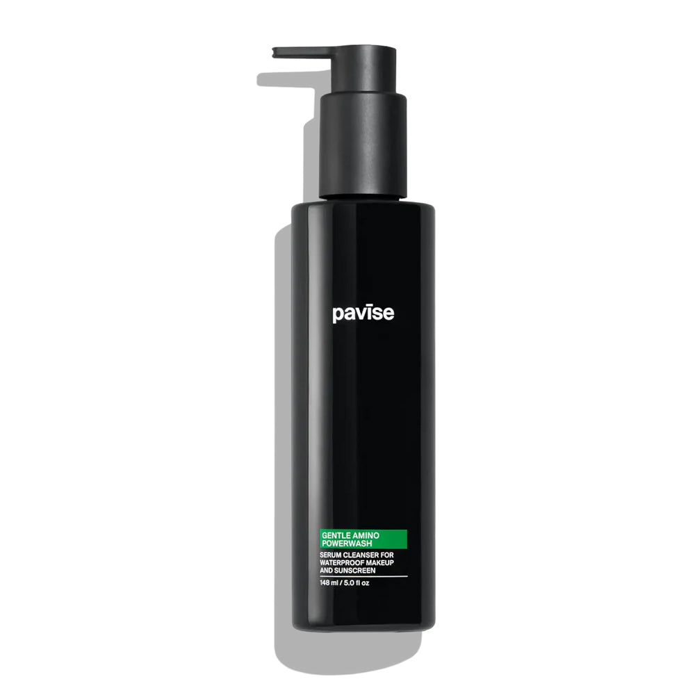 A black bottle of Pavise Gentle Amino Powerwash serum cleanser for waterproof makeup and sunscreen, 5 fl oz.