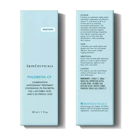 SkinCeuticals Phloretin CF 30 mL product box shown from front and back with antioxidant formula, directions and ingredient information.