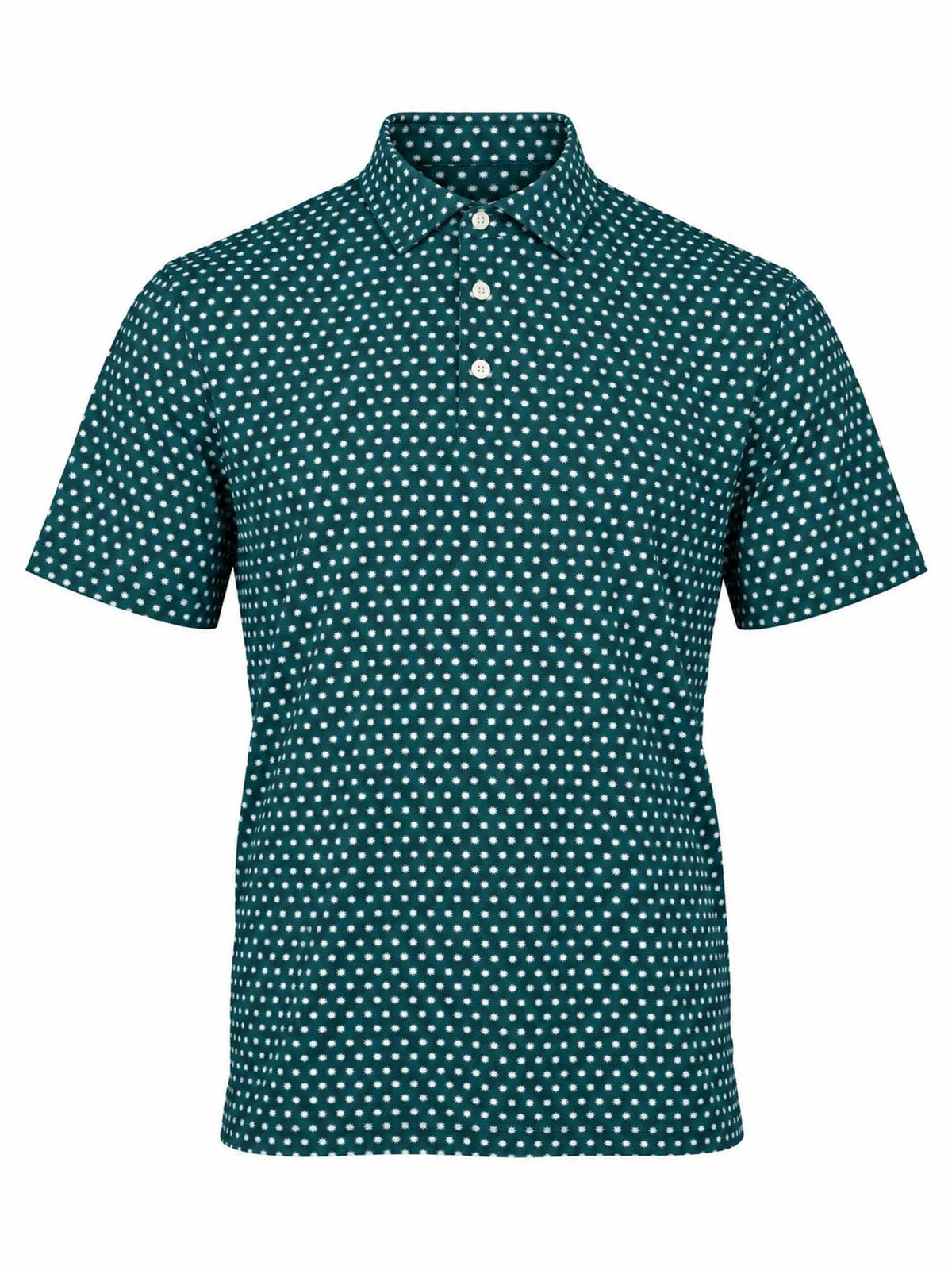 Front view of the Be Fit men's Pinwheel Print Polo in Jasper green.