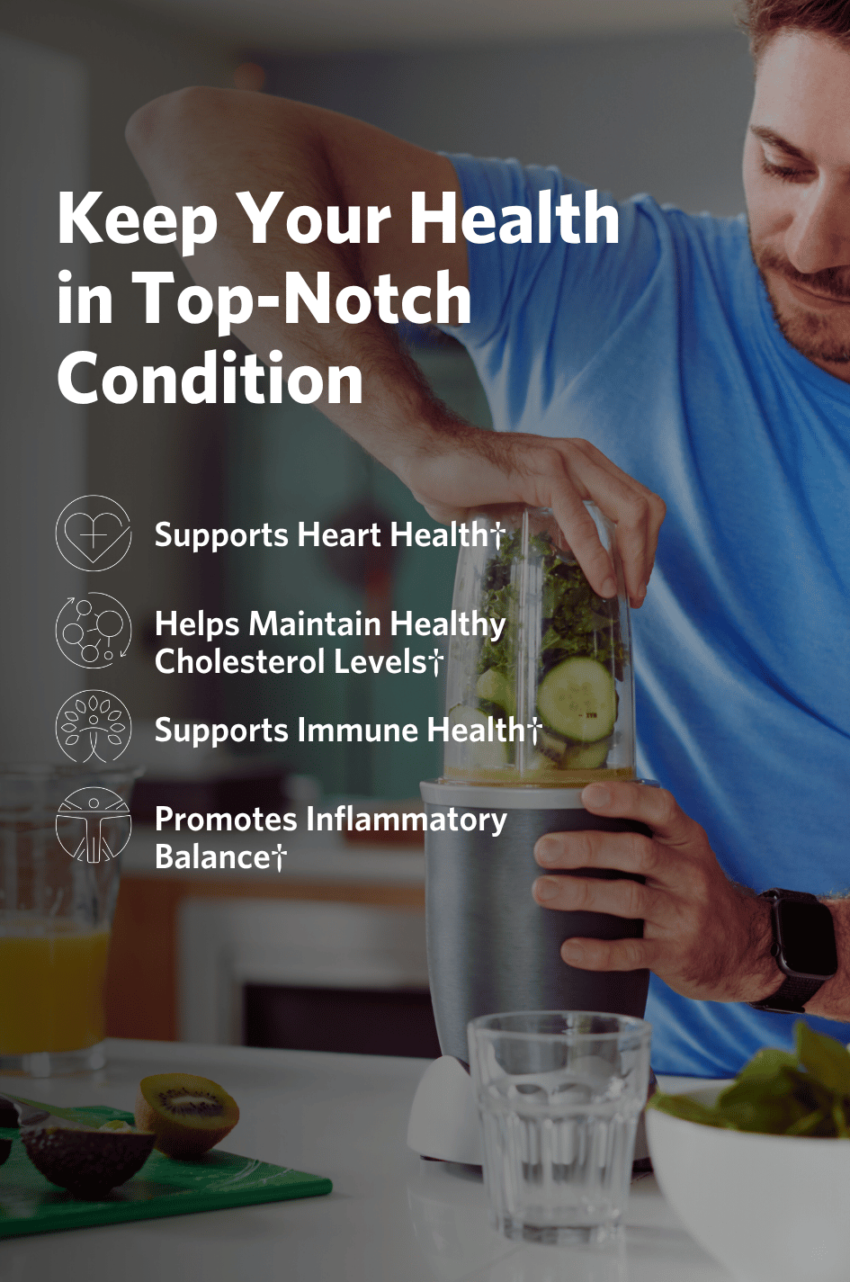 Man making a smoothie with health benefits text overlay for Cooper Complete Plant Sterols.