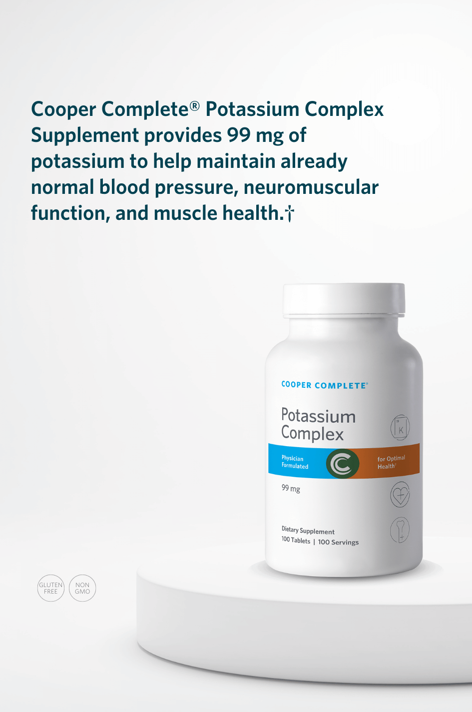 Cooper Complete Potassium Complex supplement bottle with key product benefits.