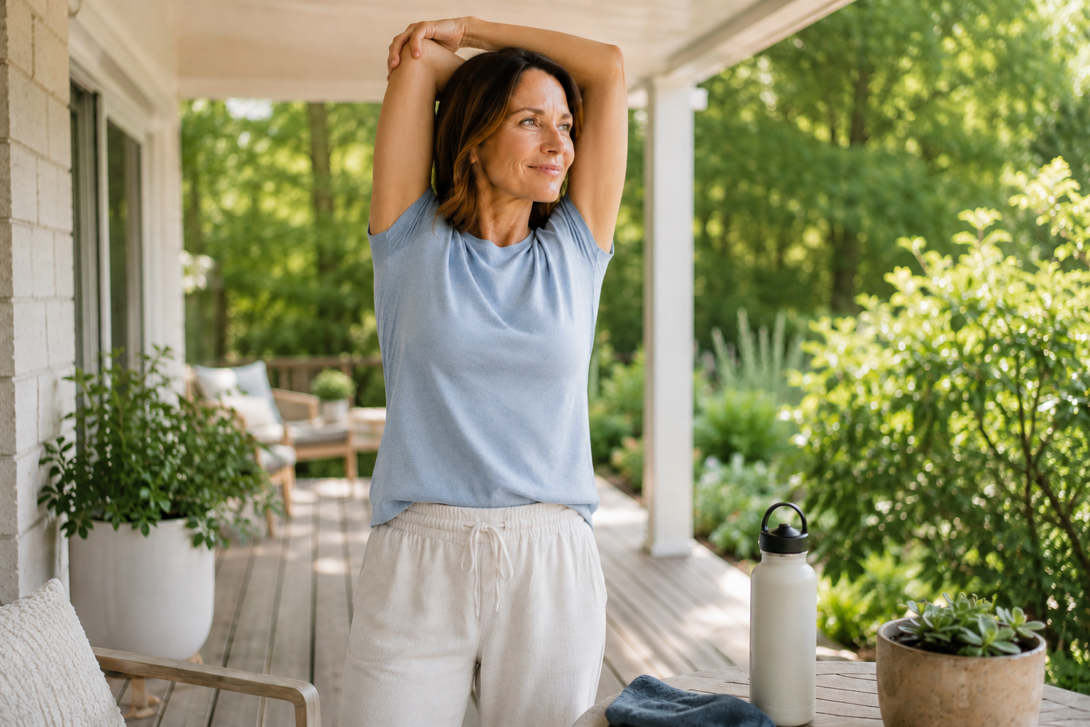Woman in a light blue shirt stretching outdoors on a covered porch as part of an active lifestyle. 