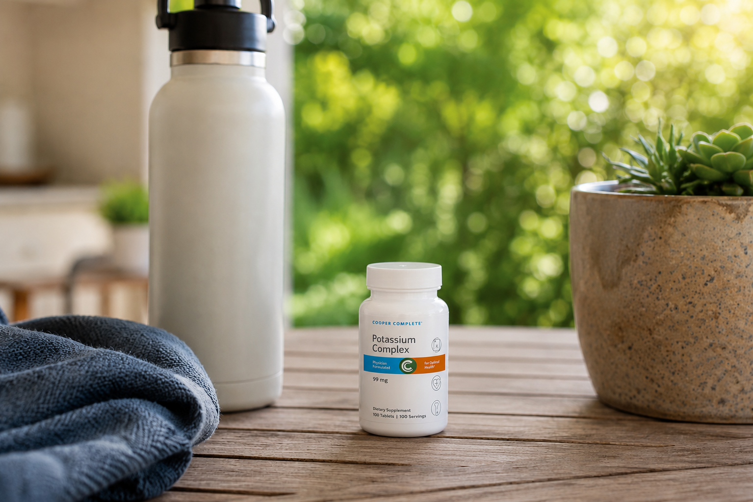 A bottle of Cooper Complete Potassium Complex displayed on a patio table with a reusable water bottle. 