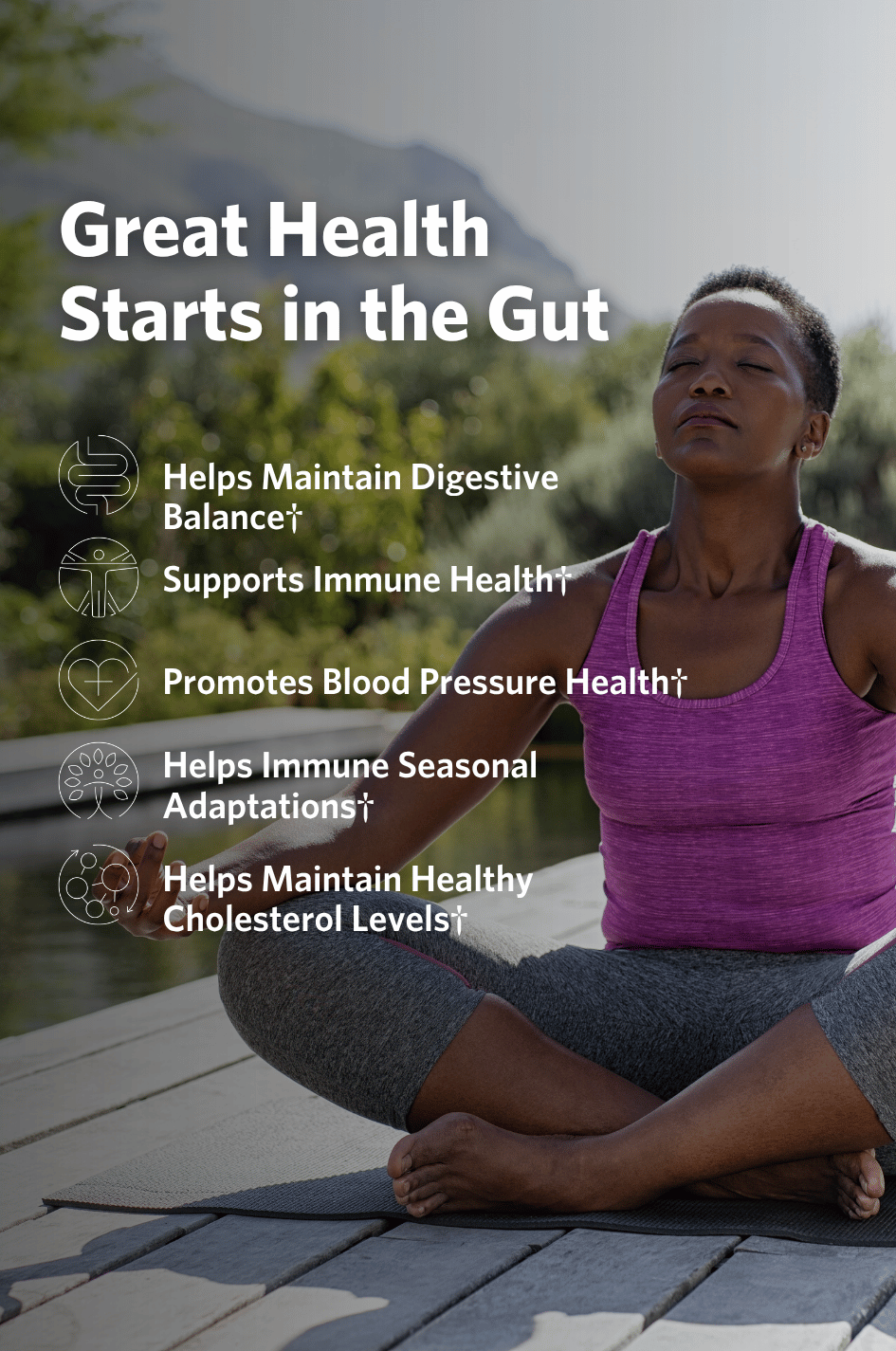 Woman meditating with text about gut health benefits of Cooper Complete Advanced Daily Probiotic overlaid.
