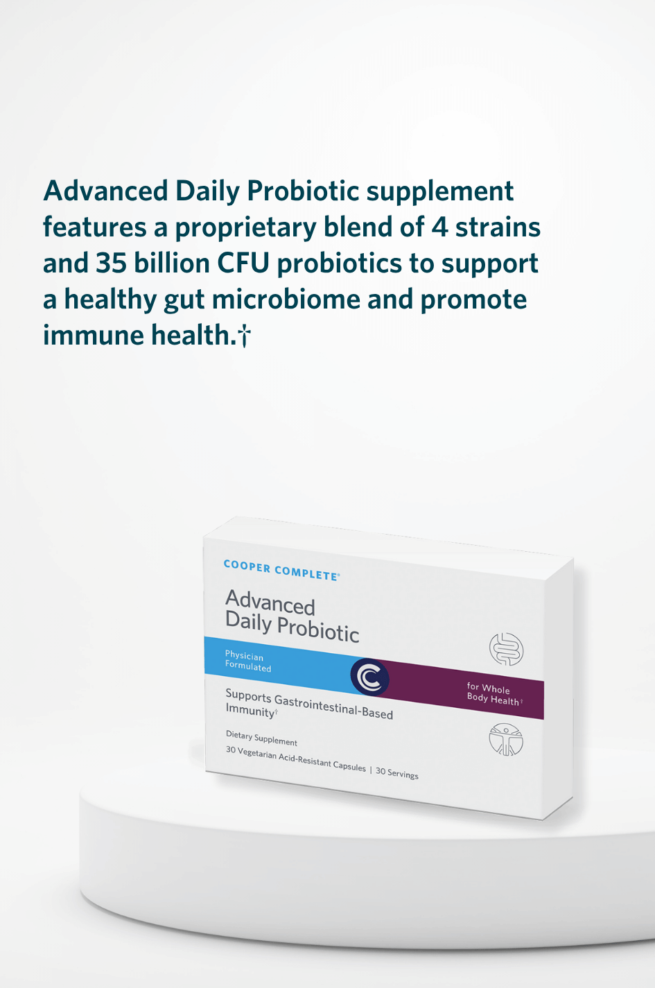Cooper Complete Advanced Daily Probiotic supplement packaging on a white background with text about its benefits.