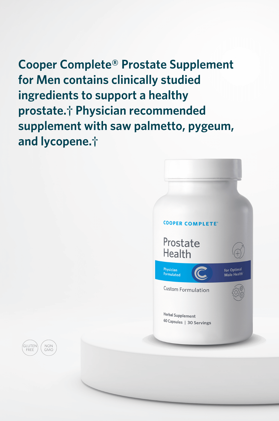 Cooper Complete Prostate Health supplement bottle with key product benefits.